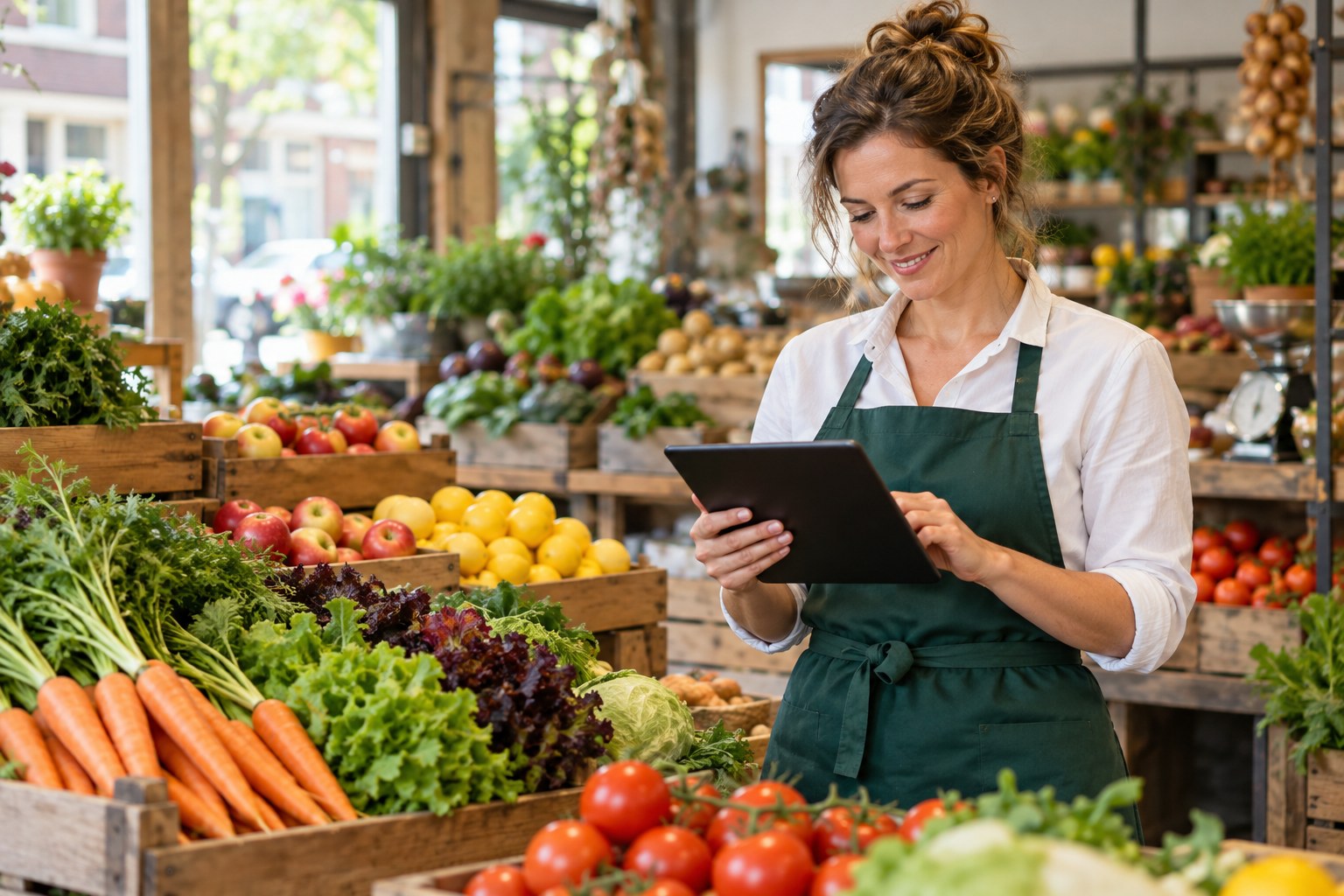 AGF-ondernemer registreert met een tablet in een verse groente- en fruitwinkel